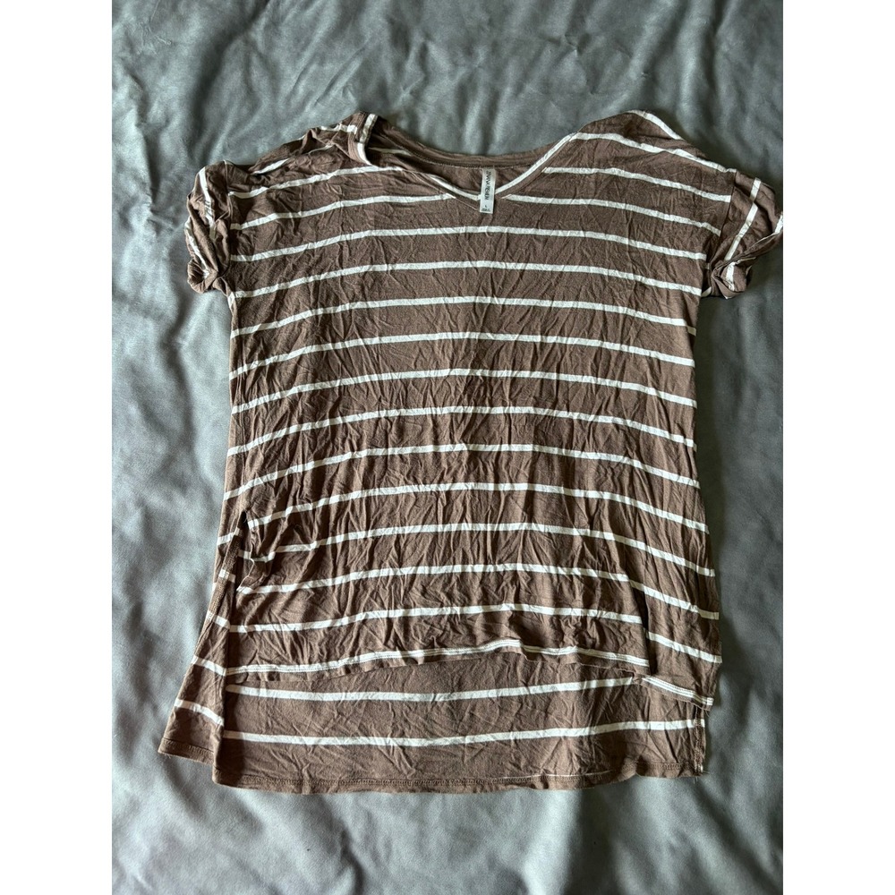 Zenana Premium Brown White Striped V-Neck High Low Top Large